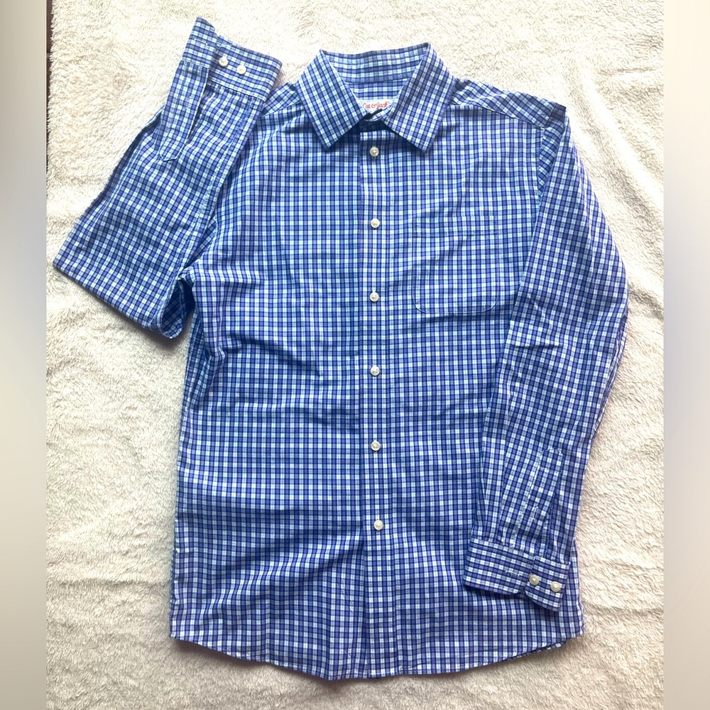 Cat and Jack boys long sleeved plaid purple and white button down size Large EUC